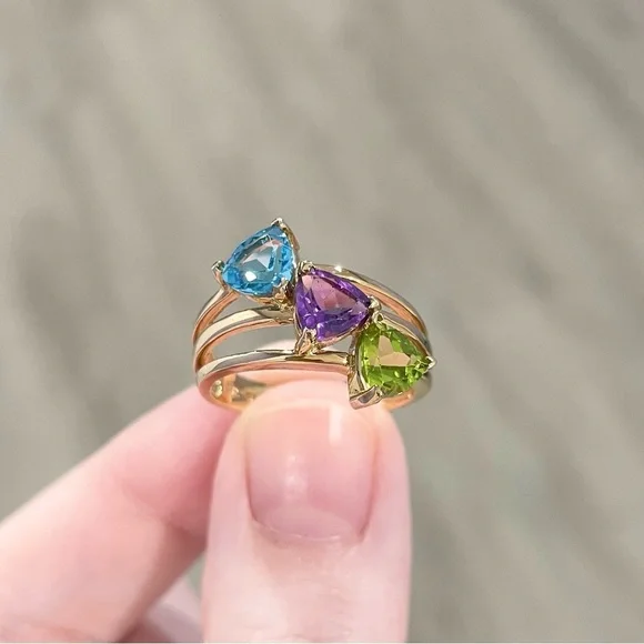 10K Rainbow amethyst Swiss blue topaz peridot trillion harem yellow gold CI ring - Picture 4 of 8